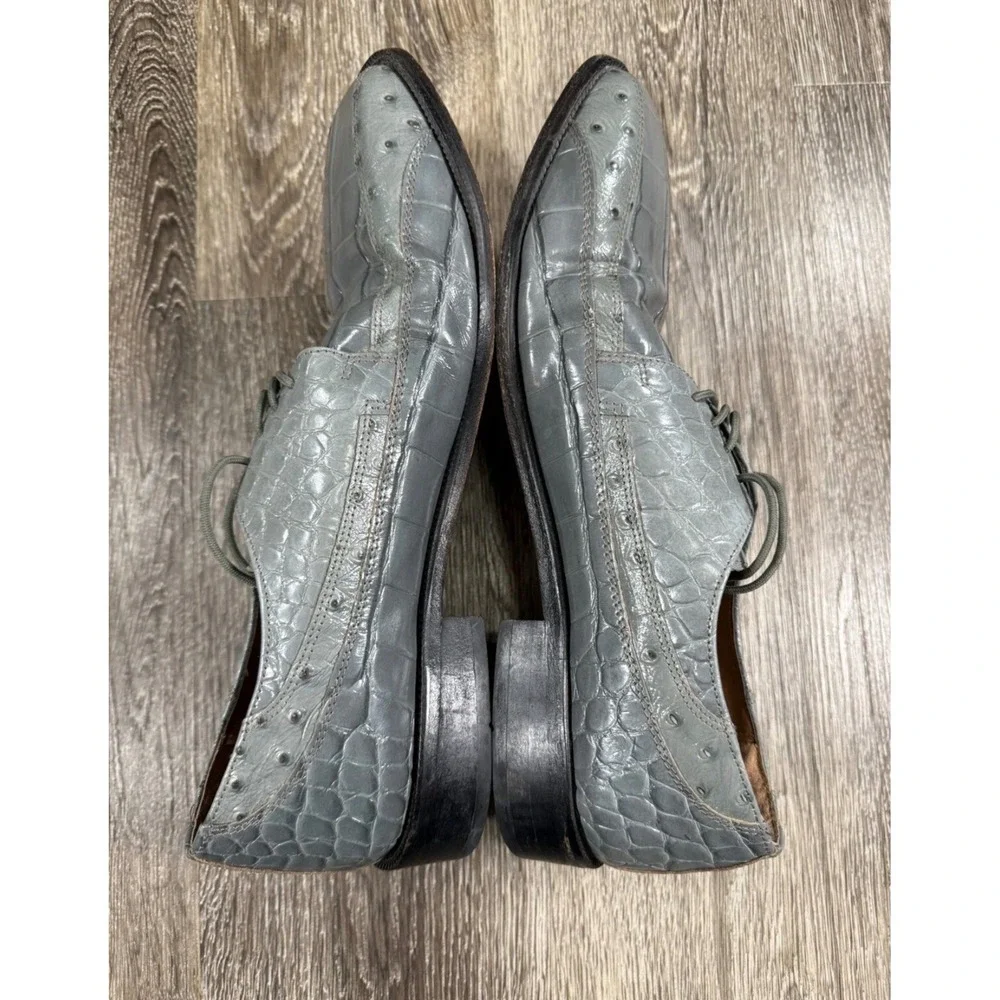 Stacy Adams Mens Grey Alligator Ostrich Embossed Leather Derby Dress Shoes 9.5M